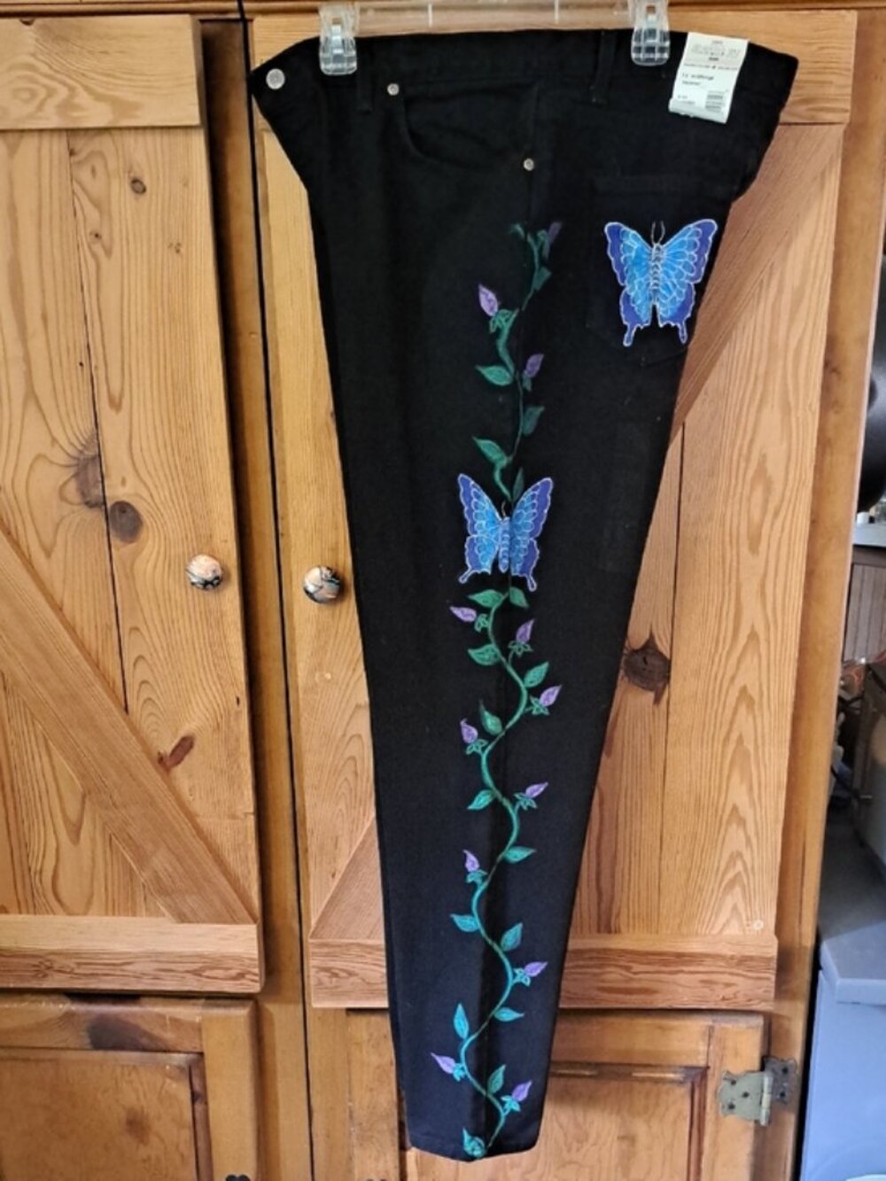 Hand Painted Black Jeans with Blue Butterfly & Vines  Flowers - Picture 3 of 11